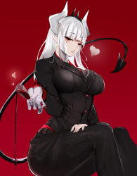 Rule 34 | 1girl, absurdres, alcohol, black necktie, black panties, black suit, blunt bangs, breasts, chinese commentary, commentary request, cup, demon girl, demon horns, demon tail, drinking glass, female focus, formal, from side, gloves, half-closed eyes, heart, helltaker, highres, holding, holding cup, horns, invisible chair, jacket, large breasts, long hair, looking at viewer, lucifer (helltaker), mole, mole under eye, necktie, npckun, panties, parted lips, pouring, red background, red eyes, red shirt, shirt, sidelocks, simple background, sitting, solo, suit, suit jacket, tail, thighs, tiara, underwear, user gtwm3382, white gloves, white hair, wine glass