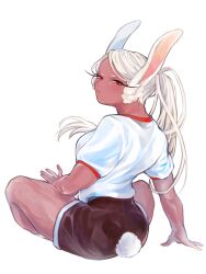 Rule 34 | 1girl, animal ears, black shorts, boku no hero academia, breasts, closed mouth, clothing cutout, dark-skinned female, dark skin, from behind, hand rest, highres, indian style, large breasts, long eyelashes, long hair, looking at viewer, mirko, parted bangs, ponytail, rabbit ears, rabbit girl, rabbit tail, red eyes, shirt, shirt tucked in, shorts, sitting, solo, squinting, tail, tail through clothes, thighs, ui ooaa 33, white background, white hair, white shirt