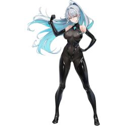 animated black_ark_ranger_(nikke) black_gloves blue_eyes blue_hair bodysuit boots breasts covered_navel gloves goddess_of_victory:_nikke hand_on_own_hip high_heel_boots high_heels large_breasts latex latex_bodysuit legs_apart long_hair multicolored_hair official_art skin_tight standing tagme thigh_high_boots video white_background white_hair