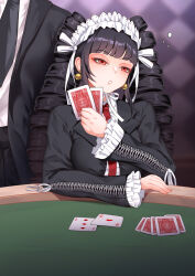 Rule 34 | 1boy, 1girl, black hair, black jacket, black necktie, black pants, card, celestia ludenberg, commission, danganronpa: trigger happy havoc, danganronpa (series), drill hair, earrings, formal, frilled jacket, frills, hand up, haryudanto, highres, holding, holding card, jacket, jewelry, long hair, long sleeves, looking at viewer, necktie, pants, playing card, poker, poker chip, red eyes, red necktie, shirt, solo focus, twin drills, twintails, white shirt