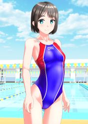 Rule 34 | 1girl, absurdres, black hair, blue eyes, blue sky, blue one-piece swimsuit, breasts, cloud, collarbone, competition swimsuit, covered navel, cowboy shot, day, highres, lane line, looking at viewer, multicolored clothes, multicolored swimsuit, one-piece swimsuit, original, outdoors, pool, short hair, sky, small breasts, solo, standing, string of flags, swimsuit, takafumi