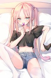 Rule 34 | 1girl, :3, bad id, bad pixiv id, bare shoulders, beliatan, black shirt, blonde hair, blue eyes, blue shorts, blush, candy, collarbone, commentary, controller, food, highres, holding, holding candy, holding controller, holding food, holding lollipop, knee up, lollipop, long hair, looking at viewer, lying, navel, no shoes, off-shoulder shirt, off shoulder, on back, on bed, open mouth, original, parted bangs, pillow, shirt, short shorts, shorts, solo, symbol-only commentary, thighhighs, thighs, twintails, very long hair, white thighhighs