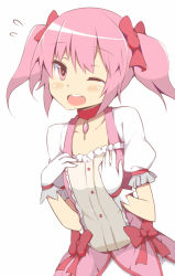 Rule 34 | 10s, 1girl, ;o, bad id, bad pixiv id, blush, bow, dress, flying sweatdrops, gloves, kaname madoka, looking at viewer, magical girl, mahou shoujo madoka magica, mahou shoujo madoka magica (anime), one eye closed, pink hair, red eyes, simple background, solo, twintails, white background, wink, zen33n