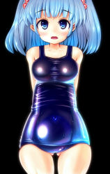 Rule 34 | 1girl, arms behind back, bad id, bad pixiv id, bare shoulders, black background, blue eyes, blue hair, blush, breasts, collarbone, covered erect nipples, covered navel, gluteal fold, hair bobbles, hair ornament, highres, kawashiro nitori, large breasts, matching hair/eyes, no headwear, oimo (imoyoukan), oimonocake, one-piece swimsuit, open mouth, school swimsuit, shiny clothes, short hair, short twintails, simple background, skindentation, solo, standing, sweatdrop, swimsuit, thigh gap, touhou, twintails, two side up, water drop