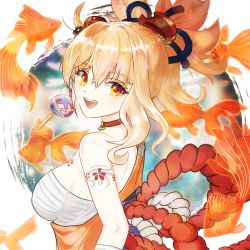 Rule 34 | 1girl, arm tattoo, artist name, bandaged arm, bandages, blonde hair, blue background, blurry, blurry background, breast tattoo, breasts, butterfly choker, chest sarashi, chest tattoo, choker, commentary request, dated, fish, fish hair ornament, flower tattoo, genshin impact, goldfish, hadanugi dousa, hair between eyes, hair ornament, highres, japanese clothes, kimono, looking at viewer, looking back, looking to the side, medium breasts, medium hair, obi, open clothes, open kimono, open mouth, orange eyes, orange kimono, ponytail, red choker, red pupils, ringodayon, rope, sarashi, sash, shimenawa, shoulder blades, signature, smile, solo, tattoo, teeth, tongue, upper body, upper teeth only, white background, yellow eyes, yoimiya (genshin impact)
