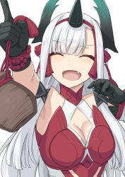 Rule 34 | 1girl, ^ ^, armor, armored dress, bare shoulders, bead bracelet, beads, belt, black gloves, blush, bracelet, breasts, cleavage, cleavage cutout, closed eyes, clothing cutout, dress, fang, fate/grand order, fate (series), gloves, horns, index finger raised, jewelry, kiichi hougen (fate), large breasts, long hair, medium breasts, open mouth, pointy ears, red armor, shiseki hirame, sidelocks, single horn, smile, solo, tassel, very long hair, white dress, white hair