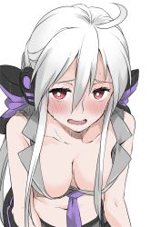 Rule 34 | 1girl, ahoge, bare shoulders, breasts, cleavage, downblouse, elf (stroll in the woods), headphones, highres, large breasts, leaning forward, long hair, looking at viewer, navel, necktie, no bra, open mouth, red eyes, simple background, smile, solo, sweat, textless version, white background, yowane haku