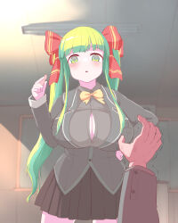 Rule 34 | 1boy, 1girl, blush, breasts, green eyes, green hair, highres, huge breasts, hypnosis, long hair, mind control, original, pov, pt, school uniform, smile, tongue, tongue out, twintails