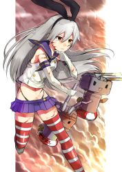 Rule 34 | 10s, 1girl, :3, alternate eye color, alternate hair color, bad id, bad pixiv id, black ribbon, blood, blood on arm, blood on face, blue skirt, crop top, cuts, elbow gloves, gloves, grey hair, hair between eyes, hair ribbon, injury, kantai collection, long hair, microskirt, neckerchief, nezumi doshi, open mouth, orange eyes, parted lips, pleated skirt, rensouhou-chan, ribbon, sailor collar, shimakaze (kancolle), shirt, sketch, skirt, sleeveless, sleeveless shirt, striped clothes, striped thighhighs, thighhighs, torn clothes, torn gloves, very long hair, white gloves, | |, || ||