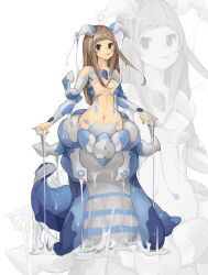 Rule 34 | 1girl, absurdres, antennae, blue eyes, blush, breasts, brown hair, closed mouth, dripping, full body, highres, long hair, looking at viewer, medium breasts, monster girl, mucus, navel, original, shitoi (aqua1487), slimy, slug girl, solo, sticky, suggestive fluid, tongue, tongue out, white background, zoom layer