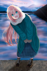 Rule 34 | 1girl, :d, absurdres, ahoge, aqua coat, aqua eyes, aqua skirt, black footwear, blush, boots, bracketarrow (1326179361), cloud, cloudy sky, coat, commentary request, day, english text, grey scarf, highres, kagamihara nadeshiko, leaning to the side, long coat, long hair, long skirt, looking at viewer, morning, mount fuji, mountain, mountaintop, open mouth, pink clouds, pink hair, pink lips, plaid, plaid skirt, scarf, scenery, skirt, sky, sleeves past fingers, sleeves past wrists, smile, solo, standing, very long hair, winter, yurucamp