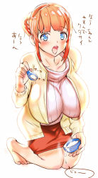 Rule 34 | 1girl, :o, blue eyes, blush, breasts, highres, huge breasts, igarashi mangou, kneeling, long hair, open mouth, red hair, ribbed sweater, simple background, solo, sweater, translation request, white background
