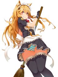 Rule 34 | 1girl, animal ears, black gloves, black thighhighs, blonde hair, blush, broom, clothes lift, frills, gloves, grin, highres, image sample, long hair, maid headdress, md5 mismatch, original, panties, pantyshot, red eyes, resolution mismatch, ruiten, sidelocks, simple background, skirt, skirt lift, smile, solo, source larger, standing, striped clothes, striped panties, thighhighs, underwear, white background