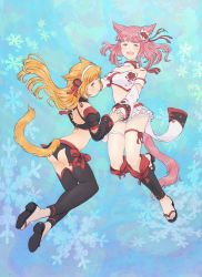 Rule 34 | 2girls, animal ears, bandeau, bare shoulders, bikini, blonde hair, blue background, breasts, cat ears, cat tail, cleavage, detached collar, detached sleeves, facial mark, final fantasy, final fantasy xiv, flower, frilled skirt, frills, hair flower, hair ornament, hairband, highres, holding hands, long hair, looking at viewer, medium breasts, miqo&#039;te, mozuku (mozuuru0323), multiple girls, open mouth, pink eyes, pink hair, sandals, skirt, snowflake background, strapless, swimsuit, tail, thighhighs, yellow eyes