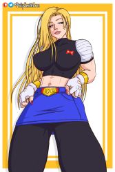 Rule 34 | 1girl, absurdres, android 18, blonde hair, blue eyes, blush, breasts, clothes, dragonball z, ear piercing, female focus, fingerless gloves, gloves, highres, long hair, looking at viewer, medium breasts, muscular, muscular female, philipsmitheros, piercing, smile, solo, super android 18, white gloves