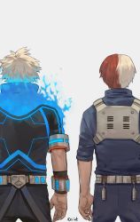 Rule 34 | 2boys, alternate costume, artist name, blue fire, blue jacket, blue pants, boku no hero academia, brothers, commentary, english commentary, facing away, fire, from behind, highres, jacket, keiid, male focus, multicolored hair, multiple boys, neon trim, aged up, pants, red hair, short hair, siblings, simple background, spoilers, standing, todoroki shouto, todoroki touya, two-tone hair, alternate universe, white background, white hair