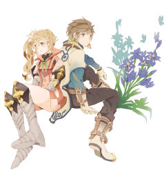 Rule 34 | 10s, 1boy, 1girl, alisha diphda, armor, armored boots, bad id, bad pixiv id, black pants, boots, brown hair, flower, full body, green eyes, highres, jacket, knee boots, long hair, pants, side ponytail, sitting, smile, sorey (tales), tales of (series), tales of zestiria, white background, yachi kou