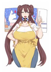 Rule 34 | 1girl, absurdres, aged up, apron, back bow, black choker, bow, bow apron, breasts, brown hair, choker, creatures (company), doughnut hair bun, game freak, hair bun, hand on own hip, highres, holding, holding ladle, housewife, jewelry, ladle, large breasts, leebo (leeboxxx), long hair, looking at viewer, nintendo, one eye closed, open mouth, pokemon, pokemon bw2, ring, rosa (pokemon), smile, solo, twintails, yellow apron