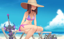 Rule 34 | 1girl, arm support, beach, bikini, blush, breasts, brown hair, chair, cleavage, cloud, covered eyes, crossed legs, day, hat, kuroonehalf, lounge chair, medium breasts, navel, nemesis (smite), outdoors, sarong, scales, shiny skin, sitting, sky, smile, smite, solo, summer, sun hat, swimsuit, sword, weapon