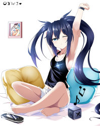 Rule 34 | 1girl, armpits, artist name, asymmetrical hair, barefoot, black rock shooter, black rock shooter (character), black shirt, blue eyes, blue hair, breasts, cleavage, closed eyes, closed mouth, collarbone, floating hair, game console, groin, hair between eyes, highres, indian style, jewelry, long hair, midriff, musical note, necklace, oywj, shirt, short shorts, shorts, sideboob, simple background, sitting, sleeveless, sleeveless shirt, small breasts, soles, solo, stretching, twintails, very long hair, watch, white background, white shorts, wristwatch