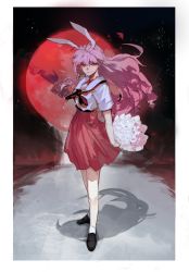 Rule 34 | 1girl, animal ears, bad id, bad twitter id, black footwear, bouquet, closed mouth, flower, full body, full moon, highres, holding, holding bouquet, loafers, long hair, looking at viewer, moon, neckerchief, pink hair, pink skirt, pleated skirt, rabbit ears, red eyes, red moon, red neckerchief, reisen udongein inaba, rose, school uniform, serafuku, shadow, shoes, skirt, smile, solo, standing, tokinhr, touhou, white flower, white rose