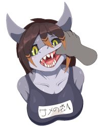 Rule 34 | 1girl, black sclera, blush, collarbone, colored sclera, colored skin, commission, disembodied hand, finger in another&#039;s mouth, furry, furry female, grey skin, highres, looking at viewer, mouth pull, multicolored hair, name tag, original, patapata, shark girl, sharp teeth, swimsuit, teeth, transparent background, upper body, yellow eyes