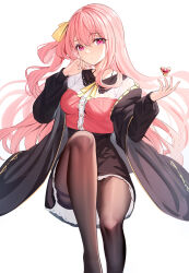 Rule 34 | 1girl, black jacket, bow, breasts, brown pantyhose, brown skirt, closed mouth, collared shirt, commentary request, emily stock, feet out of frame, hair between eyes, hair bow, hands up, heart, highres, jacket, long hair, long sleeves, looking at viewer, medium breasts, one side up, open clothes, open jacket, original, pantyhose, pink hair, pink shirt, puffy long sleeves, puffy sleeves, purple eyes, ririko (zhuoyandesailaer), shirt, simple background, sitting, skirt, sleeves past wrists, solo, thighband pantyhose, very long hair, white background, yellow bow