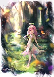 Rule 34 | 1girl, absurdres, bare shoulders, border, closed mouth, commentary, dress, english commentary, forest, highres, huge filesize, long hair, looking at viewer, nature, pink dress, pink hair, plant hair, runemill, shingeki no bahamut, sketch, smile, solo, standing, walking, white border, white dress, yggdrasil (granblue fantasy)