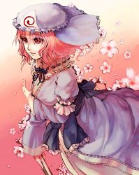 Rule 34 | 1girl, arm garter, blue ribbon, breast hold, breasts, cherry blossoms, closed mouth, eyebrows, female focus, flower, folding fan, frills, gradient background, hair flower, hair ornament, hand fan, hat, holding, japanese clothes, lace, light smile, long sleeves, looking away, looking to the side, pink hair, red eyes, ribbon, ribbon-trimmed collar, ribbon trim, saigyouji yuyuko, smile, solo, touhou, triangular headpiece, veil, white flower, xero