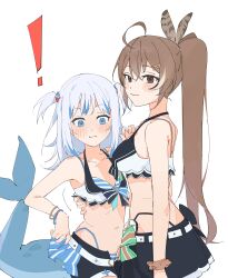 Rule 34 | !, 2girls, absurdres, ahoge, arm around waist, bare shoulders, belt, bikini, bikini skirt, bikini under clothes, bikini under shorts, blue bikini, blue eyes, blush, breasts, brown eyes, brown hair, closed mouth, feather hair ornament, feathers, fins, fish tail, front-tie bikini top, front-tie top, gawr gura, hair ornament, hairclip, highleg, highleg bikini, highres, hikkishi, holding waist, hololive, hololive english, hololive summer 2023 swimsuit, layered bikini, long hair, looking at viewer, medium breasts, midriff, multicolored hair, multiple girls, nanashi mumei, official alternate costume, panty straps, ponytail, scrunchie, shark girl, shark hair ornament, shark tail, simple background, small breasts, smile, streaked hair, striped, striped bikini, swimsuit, tail, two-tone bikini, two side up, very long hair, virtual youtuber, white background, white belt, wrist scrunchie