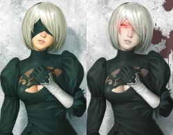 Rule 34 | 1girl, black dress, black hairband, blindfold, breasts, cleavage cutout, clothing cutout, dress, feather-trimmed sleeves, glowing, glowing eyes, hairband, looking at viewer, mole, mole under mouth, nier (series), nier:automata, pale skin, parted lips, red eyes, short hair, silver hair, upper body, watanabe yasuaki, 2b (nier:automata)