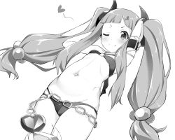 Rule 34 | 1girl, armlet, arms behind head, arms up, bikini, blush, broken heart, chain, commentary request, cosplay, cowboy shot, flat chest, greyscale, hair bobbles, hair ornament, hairclip, halterneck, heart, heart hair ornament, highres, ichihara nina, idolmaster, idolmaster cinderella girls, looking at viewer, misaki (princess connect!), misaki (princess connect!) (cosplay), misaki (summer) (princess connect!), monochrome, navel, nekono matatabi, o-ring, o-ring bikini, one eye closed, princess connect!, sidelocks, simple background, smile, solo, swimsuit, twintails