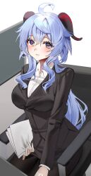Rule 34 | 1girl, absurdres, ahoge, black pantyhose, black skirt, blue hair, breasts, chair, coat, educk, ganyu (genshin impact), genshin impact, highres, holding, holding paper, horns, long hair, looking at viewer, low ponytail, medium breasts, office chair, office lady, open mouth, overcoat, pantyhose, paper, pencil skirt, purple eyes, sidelocks, sitting, skirt, smile, solo, swivel chair