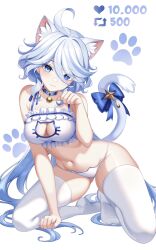 Rule 34 | 1girl, :3, alternate costume, animal ears, arm support, armpit crease, bare arms, bare shoulders, bell, blue bow, blue choker, blue eyes, blue hair, blush, bow, bra, breasts, cat cutout, cat ears, cat girl, cat lingerie, cat tail, choker, cleavage, cleavage cutout, closed mouth, clothing cutout, collarbone, commentary, curvy, english commentary, eyelashes, eyes visible through hair, frilled bra, frills, full body, furina (genshin impact), genshin impact, gluteal fold, hair between eyes, hair spread out, hand up, heart, highres, jingle bell, kemonomimi mode, kiyochii, kneeling, leaning forward, light blue hair, long hair, looking at viewer, low ponytail, meme, meme attire, mismatched pupils, navel, neck bell, no shoes, panties, paw pose, paw print, simple background, smile, solo, star ornament, stomach, tail, tail bow, tail ornament, tail raised, thighhighs, thighs, tiptoes, tsurime, twitter strip game (meme), underwear, very long hair, white background, white bra, white panties, white thighhighs