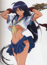 Rule 34 | 00s, 1girl, absurdres, blue hair, breasts, clothes lift, cowboy shot, highres, holding, holding polearm, holding spear, holding weapon, ikkitousen, kan&#039;u unchou, large breasts, long hair, low-tied long hair, lowleg, lowleg skirt, midriff, miniskirt, navel, neckerchief, no bra, no panties, official art, polearm, scan, school uniform, serafuku, skirt, solo, spear, thighs, underboob, weapon, white background, yellow neckerchief