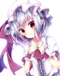 Rule 34 | 1girl, arm ribbon, ascot, ayatan-kiri, blouse, hands on own chest, hat, hat ribbon, lace, mob cap, multicolored eyes, pointy ears, puffy short sleeves, puffy sleeves, red eyes, red ribbon, remilia scarlet, ribbon, shirt, short hair, short sleeves, silver hair, slit pupils, solo, touhou, white background, wrist cuffs