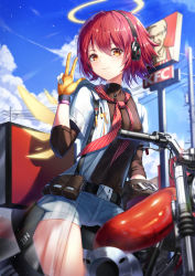 Rule 34 | 1girl, absurdres, arknights, belt, black belt, black shirt, blue sky, cloud, colonel sanders, commentary, day, exusiai (arknights), exusiai (city rider) (arknights), fall (aki), gloves, halo, hand up, headphones, highres, kfc, long sleeves, looking at viewer, motor vehicle, motorcycle, neckerchief, official alternate costume, open clothes, open shirt, orange eyes, red hair, red neckerchief, shirt, short hair, short shorts, shorts, sky, smile, solo, thighs, w, white shirt, white shorts
