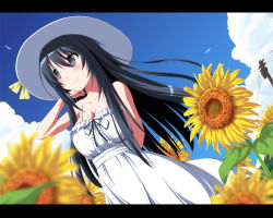 Rule 34 | 1girl, animal, arm behind back, arm up, bare shoulders, bird, black eyes, black hair, black ribbon, blue sky, blurry, blush, breasts, cleavage, cloud, day, depth of field, dress, dutch angle, field, flower, flower field, flying, forest, frill trim, frills, hand in own hair, hand on forehead, hat, leaf, letterboxed, long hair, looking to the side, medium breasts, nature, nori tamago, original, outdoors, plant, pole, power lines, ribbon, sidelocks, sky, sleeveless, sleeveless dress, smile, solo, standing, sundress, sunflower, sunflower field, tareme, underbust, very long hair, white hat