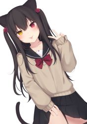 Rule 34 | 1girl, amashiro natsuki, animal ears, bad id, bad pixiv id, black hair, black sailor collar, black skirt, black thighhighs, blush, bow, bowtie, brown sweater, cat ears, cat hair ornament, cat tail, closed mouth, clothes lift, collarbone, commentary request, dutch angle, hair between eyes, hair ornament, hand up, heterochromia, highres, lifting own clothes, long hair, long sleeves, looking at viewer, miniskirt, original, pleated skirt, red bow, red bowtie, red eyes, sailor collar, school uniform, shirt, simple background, skirt, skirt lift, sleeves past wrists, smile, solo, sweater, tail, thighhighs, tongue, tongue out, two side up, undershirt, v, white background, white shirt, yellow eyes, zettai ryouiki