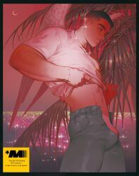 Rule 34 | 1boy, absurdres, angel, angel wings, asymmetrical hair, bara, black hair, bracelet, bulge, clothes lift, cowboy shot, crescent, denim, earrings, feathered wings, highres, jeans, jewelry, lifted by self, male focus, midriff, mole above eye, navel, necklace, ocean, open fly, original, palm tree, pants, sailor18moon, shirt, shirt lift, short hair, sidecut, solo, sparkle, toned, toned male, tree, undercut, white shirt, wings