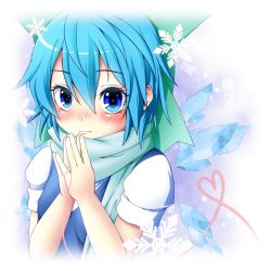 Rule 34 | 1girl, :&lt;, bad id, bad pixiv id, blue eyes, blue hair, blush, bow, cirno, hair bow, heart, heart of string, ice, ice wings, matching hair/eyes, semikichi, snowflakes, solo, string, string of fate, touhou, wings