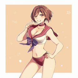 Rule 34 | 1girl, bishoujo senshi sailor moon, blue bow, bow, bra, breasts, brown eyes, brown hair, cleavage, collar, commentary, contrapposto, cosplay, cowboy shot, grin, highres, large breasts, lingerie, looking at viewer, meiko (vocaloid), one eye closed, orange background, panties, red collar, red panties, sailor collar, sailor mars, sailor mars (cosplay), short hair, smile, solo, underwear, v-shaped eyebrows, vocaloid, white bra, yen-mi