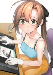 Rule 34 | 1girl, akigumo (kancolle), bags under eyes, brown hair, chair, cold pack, desk, drawing tablet, energy drink, gloves, green eyes, hair ribbon, highres, holding, holding stylus, kantai collection, long hair, looking at viewer, masukuza j, off shoulder, office chair, ponytail, ribbon, simple background, solo, stylus, swivel chair, tablet pc, tank top, white background
