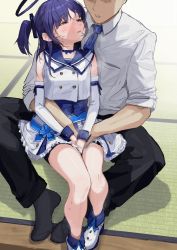 Rule 34 | 1boy, 1girl, blue archive, blue hair, blush, detached sleeves, fuu torutanme, half-closed eyes, halo, highres, hug, hug from behind, idol, mischievous straight uniform (blue archive), official alternate costume, sailor collar, sensei (blue archive), sitting, sitting on person, steaming body, sweat, tatami, thighs, yuuka (blue archive)