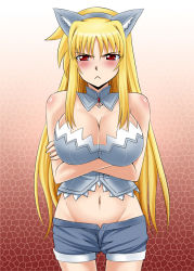 Rule 34 | 1girl, :&lt;, animal ears, blonde hair, blush, body blush, breast hold, breasts, bustier, cleavage, cosplay, crossed arms, dog days, fate testarossa, groin, large breasts, leonmitchelli galette des rois, leonmitchelli galette des rois (cosplay), lingerie, long hair, lyrical nanoha, mahou shoujo lyrical nanoha, mahou shoujo lyrical nanoha strikers, midriff, navel, red eyes, short shorts, shorts, solo, underwear, zerosu (take out)