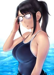 Rule 34 | 1girl, adjusting eyewear, black hair, blue one-piece swimsuit, breasts, commentary request, competition school swimsuit, competition swimsuit, glasses, highres, houkago teibou nisshi, large breasts, long hair, looking at viewer, one-piece swimsuit, oono makoto, opaque glasses, parted lips, ponytail, school swimsuit, sidelocks, solo, swimsuit, upper body, wa (genryusui), water