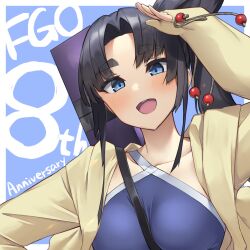 Rule 34 | 1girl, :d, bikini, black hair, blue bikini, blue eyes, blush, breasts, collarbone, commentary request, fate/grand order, fate (series), hair bun, highres, jacket, jacket over swimsuit, long hair, looking at viewer, medium breasts, open mouth, parted bangs, pinta (ayashii bochi), salute, side ponytail, sidelocks, single hair bun, single side bun, smile, solo, swimsuit, ushiwakamaru (fate), ushiwakamaru (fate/grand order), ushiwakamaru (swimsuit assassin) (fate), ushiwakamaru (swimsuit assassin) (first ascension) (fate), very long hair, yellow jacket