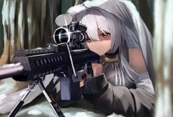 Rule 34 | 1girl, ahoge, aiming, anti-materiel rifle, barrett m82, black jacket, black nails, black shirt, breasts, brown eyes, cleavage, closed mouth, commentary request, gun, hair between eyes, highres, hololive, jacket, large breasts, long hair, long sleeves, looking away, lying, nail polish, off shoulder, on stomach, rifle, see-through, see-through cleavage, shirt, shishiro botan, shishiro botan (1st costume), simple background, sleeveless, sleeveless shirt, sniper rifle, solo, suiran (liquiddoes), virtual youtuber, weapon