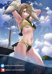 Rule 34 | 1girl, armpits, arms behind head, arms up, artist name, bikini, black bikini, blue eyes, blue sky, blush, breasts, brown hair, closed mouth, cloud, cowboy shot, day, eunie (xenoblade), excaliblader, green bikini, head wings, highres, island, large breasts, lens flare, long hair, looking at viewer, ocean, outdoors, pier, sky, smile, solo, swimsuit, thighs, two-tone bikini, underboob, wading, water, wet, wings, xenoblade chronicles (series), xenoblade chronicles 3