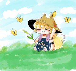 Rule 34 | 1girl, :&gt;, alternate costume, arm up, bug, butterfly, chin strap, cloud, day, eyebrows, closed eyes, flower, flower request, fox tail, grass, hand on headwear, hat, hat with ears, highres, holding, holding flower, insect, komaku juushoku, multiple tails, on ground, one-hour drawing challenge, overalls, plant, short hair, sitting, sleeveless, smile, solo, straw hat, suspenders, tail, touhou, two tails, yakumo ran, aged down